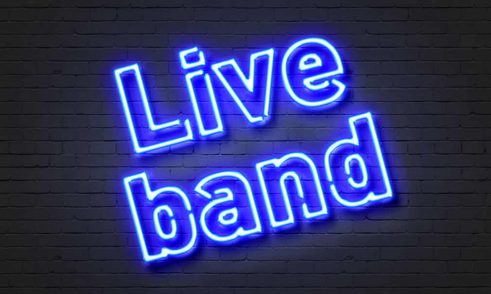 Live Band Neon Sign on Brick Wall Background.